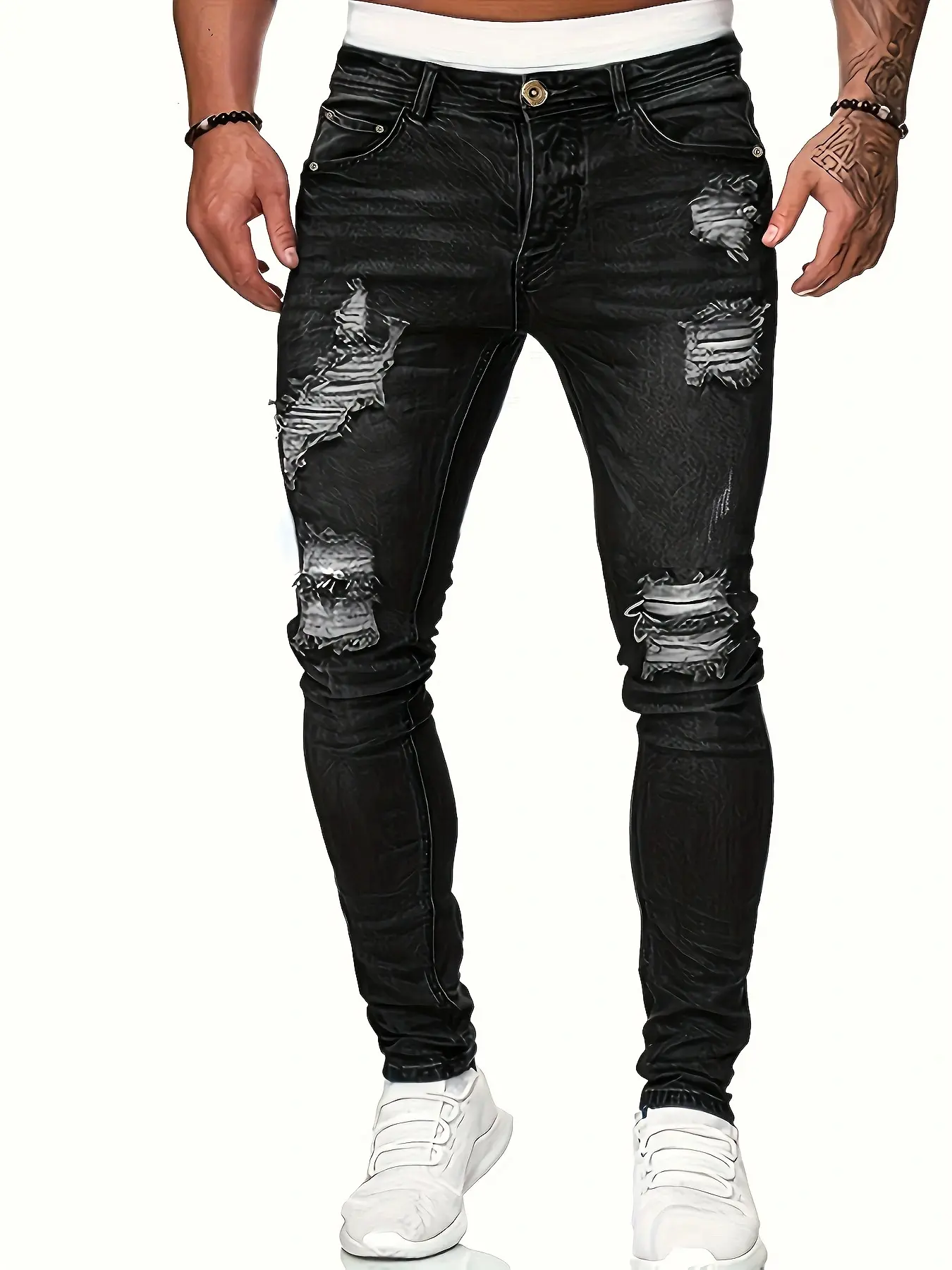 Men's Ripped Slim Fit Jeans - Black, Grey Stylish Straight Casual Versatile Pants with Hollow Hole Details, Premium Fabrics, Ripped Jeans, Cotton Blend, Streetwear, Polyester Denim Fashion, Standout Rips