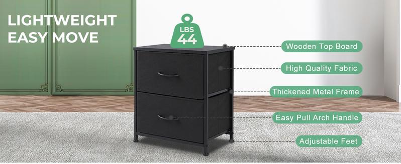 Nightstand with 2 Fabric Dresser, Side Table, End Table, Bedside Table, Night Stands, Small Nightstand,Bedroom Furniture