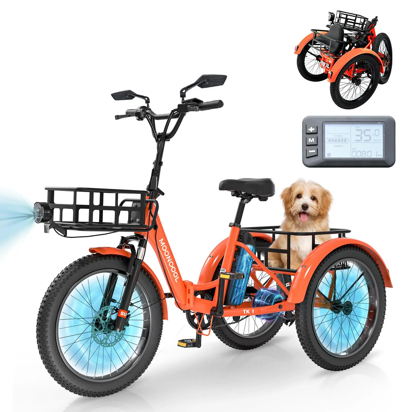 Mooncool 500W TK1 Folding Electric Trike for Adults,1000W Peak Power 16 MPH 70 Miles 3 wheels Electric bicycle，48V*14.5 Ah UL 2849 Removable Battery,EBike