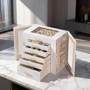 BOOVO 6-Layer Jewelry Box with Clear Top & Transparent Double-Sided Doors, Large-Capacity PU Leather Jewelry Organizer, See-Through Jewelry Chest for Necklaces & Rings