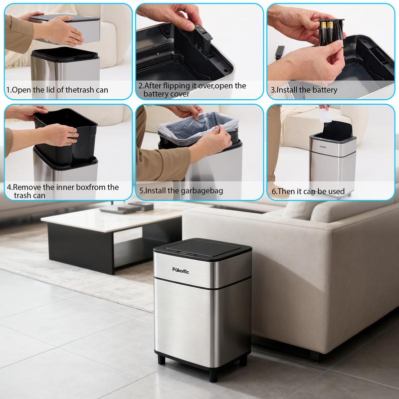 PUKOMC Sleek stainless steel sensor bin. 2.7-gallon rectangular, space-saving design for kitchen, bathroom, or office. Hands-free automatic operation.
