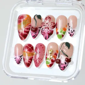 MuseMoodNails PG61 Cherry Bomb Press on Nails, 100% 3D Handmade Acrylic, Almond Shape, Reusable Salon Quality, Long-Lasting, Elegant Daily Wear