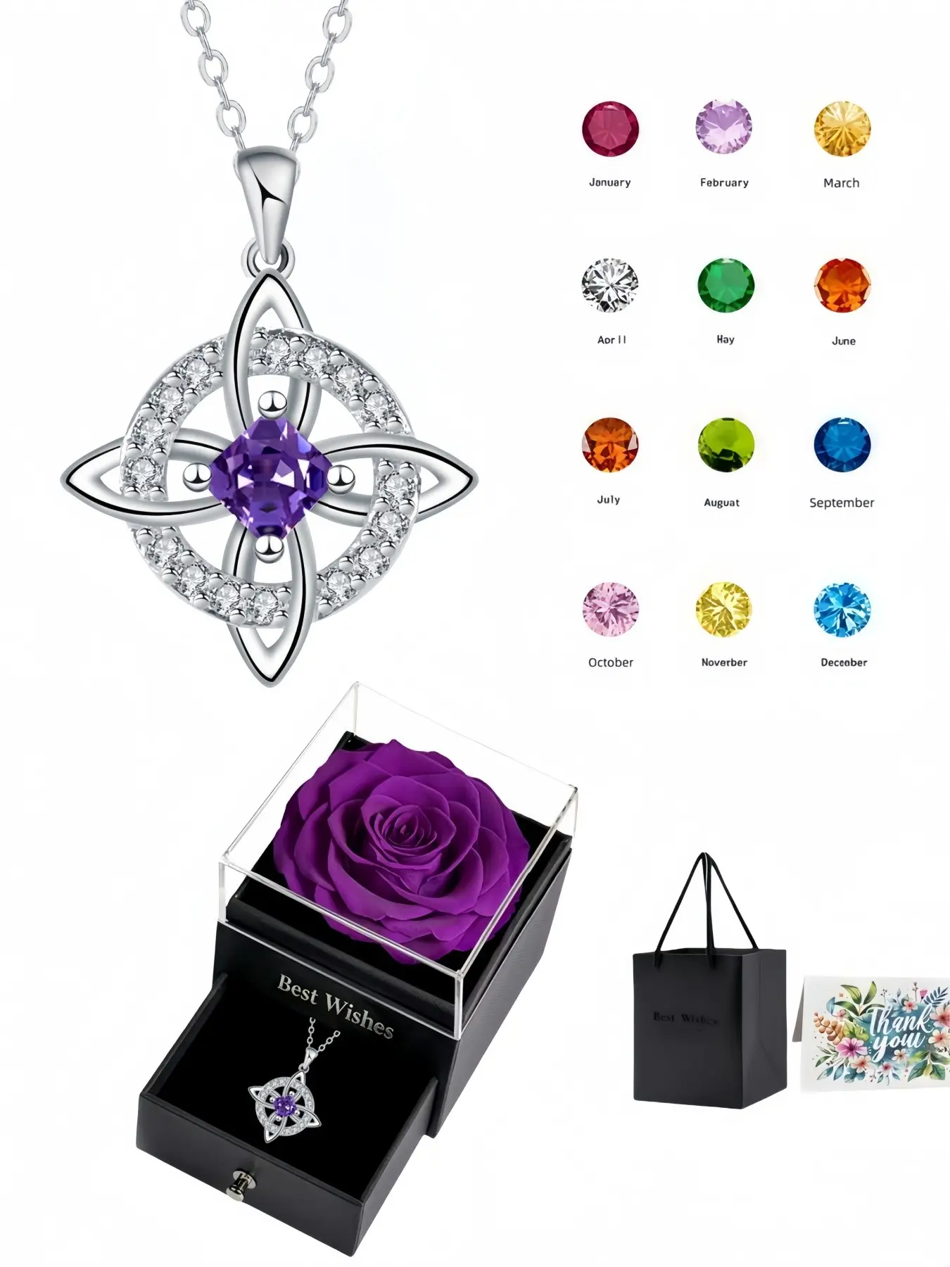 Diamond Glow Celtic Star Chain Luxury Celtic Knot Witchy Gem Necklace With purple preserved rose gift box, Exquisite Jewelry Gift. Perfect for birthdays, Mother's Day, Valentine's Day, Christmas and all festive gifting.