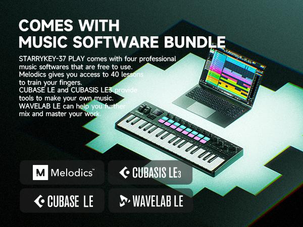 Donner STARRYKEY-37 PLAY MIDI Controller, 37 Key Portable with 128 Voices 16 RGB Pads USB Wireless 4 DAW Software 40 Courses