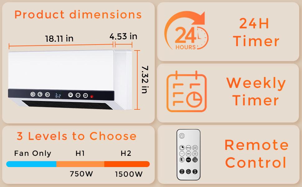 R.W.FLAME Wall Heater for Bathroom, 1500W Wall Mount Electric Heater with Remote Control, 24-Hour Timer, Weekly Timers, Easy to Mount for Bedroom, Office, And Home