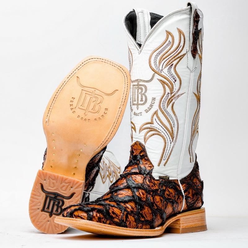 Honey Cognac Jumbo Pirarucu Leather Boots - Square Toe