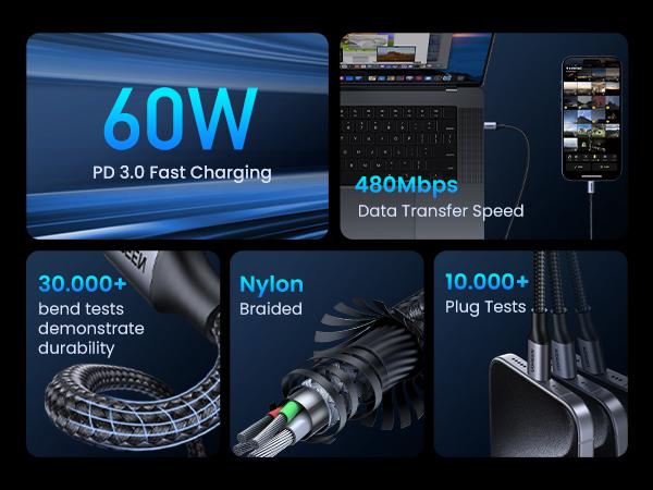 UGREEN USB Type C PD 60W Fast Charging Data Cable, 20V/3A Charger, Compatible for SAMSUNG S24 Ultra, iPhone 17/16, MacBook, Electronic Cellphone Devices-Deals for You，Labor Day Sale，TikTokShopBlackFriday ,TikTokShopHolidayHaul