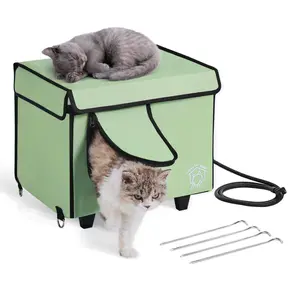 【FathersDayGift】VEVOR Elevated Heated Cat House Cuboid Kitty Shelter with Heated Pad Green (S)