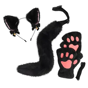 3PCS Cat Ear Cosplay Set – Plush Headband, Tail and Paw Gloves with Adjustable Tail Strap, Cute Animal Costume Accessories for Parties, Photoshoots, Halloween and Stage Performances