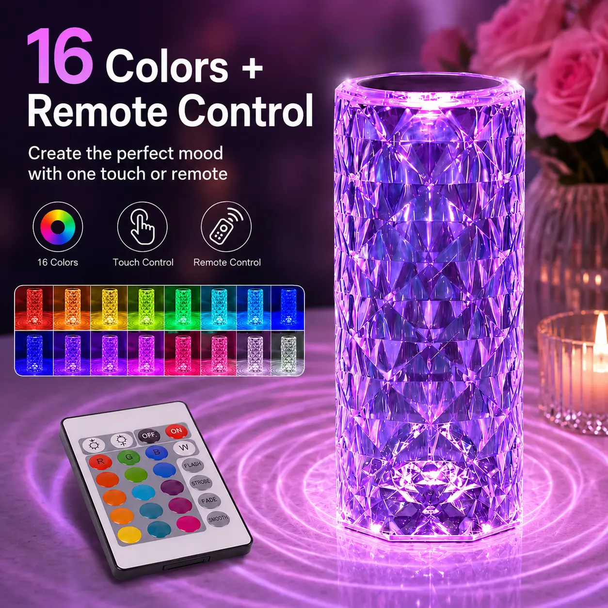 Rose Shape Crystal LED Glow Night Light with Remote - 16 RGB Colors Modes, Ambient Lighting Lamp for Bedroom, Home Decor (USB & Mobile Electronics Accessory), Bedroom Users