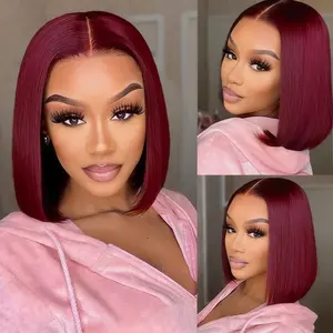 12 inch 99j Burgundy Bob Wigs Human Hair Pre Plucked 13x4 HD Transparent Lace Frontal Glueless Blunt Cut Wig 180% Density Straight Short Bob Wigs for Black Women Wine Red Wig