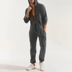 Men's Hooded Fleece Lining Jumpsuit Long Sleeve Full Zipper Overalls with Kangaroo Pockets Menswear Rompers 100% Polyester