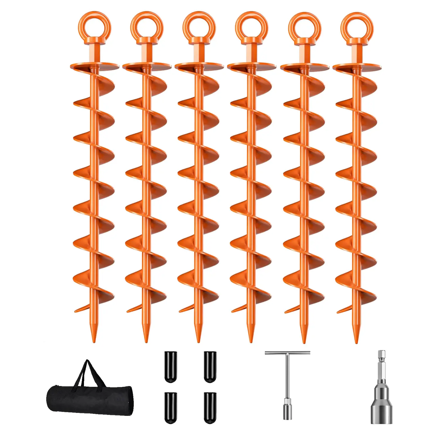 4-Pieces Heavy Duty Ground Anchors, 15-Inch Spiral Powder-Coated Steel Stakes for Swing Sets and Garden Sheds with Drill Bit & T-Wrench