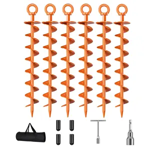 Spiral ground anchors, 4-count, with nuts and tools, suitable for trampolines, swing sets, tent pegs, wind-resistant and heavy-duty, can be used in sheds, carports, and mobile homes, orange.