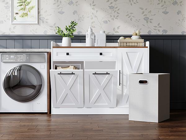 HOOBRO Double Tilt Out Laundry Hamper Cabinet, 24 Gallon Hidden Laundry Cabinet with Drawer & 2 Baskets, Farmhouse Trash Can Cabinet with Storage for Bathroom, Kitchen, White and Walnut HOOBRO Double Tilt Out Laundry Hamper Cabinet, 24 Gallon Hidden Laundry Cabinet with Drawer & 2 Baskets, Farmhouse Trash Can Cabinet with Storage for Bathroom, Kitchen, White and Walnut