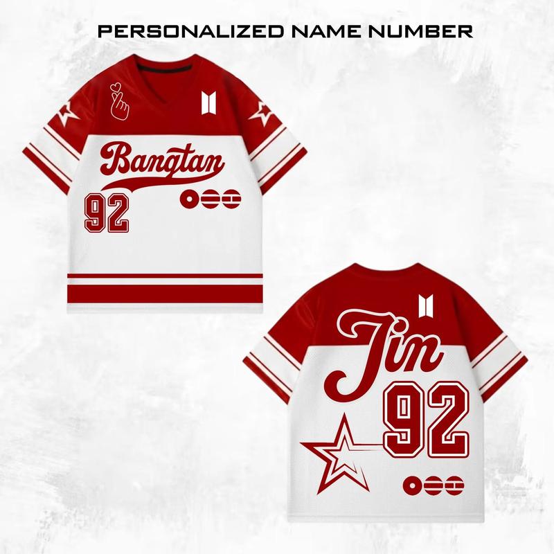 Personalized Name & Number Army Arirang World Tour Football Jersey, Bangtan Style with Red White Sporty Design, Perfect Gift for K-pop Fans