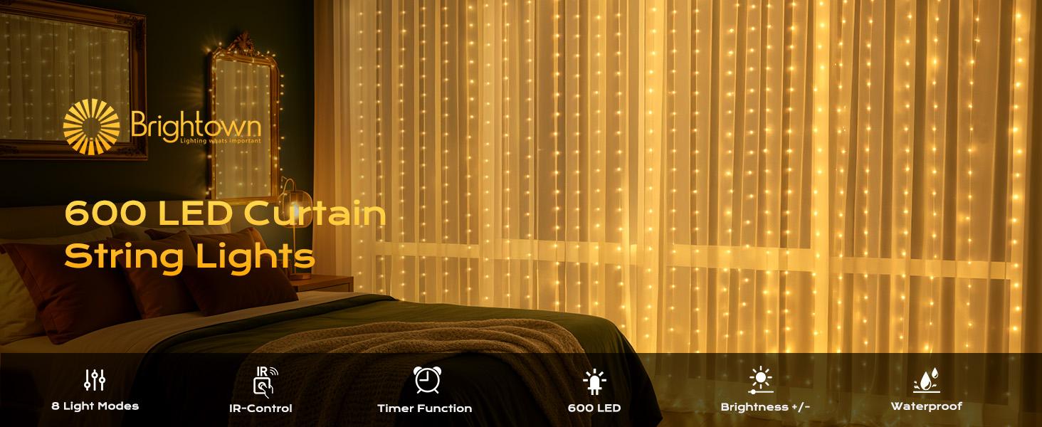 Brightown 300 LED Curtain Lights, 9.8 FT Plug in Fairy Lights for Bedroom, 8 Lighting Modes, Christmas Hanging Lights for Window Backdrop Wall Wedding Party Birthday Christmas Decoration, Warm White