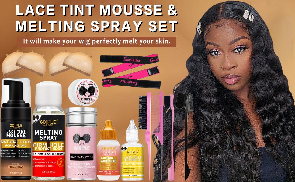 Lace Tint Lace Melting Hair Mousse for Women's Wigs and Hairpieces,wig installation kit - Natural Finishing Tint Spray Tool Set (Medium Brown)