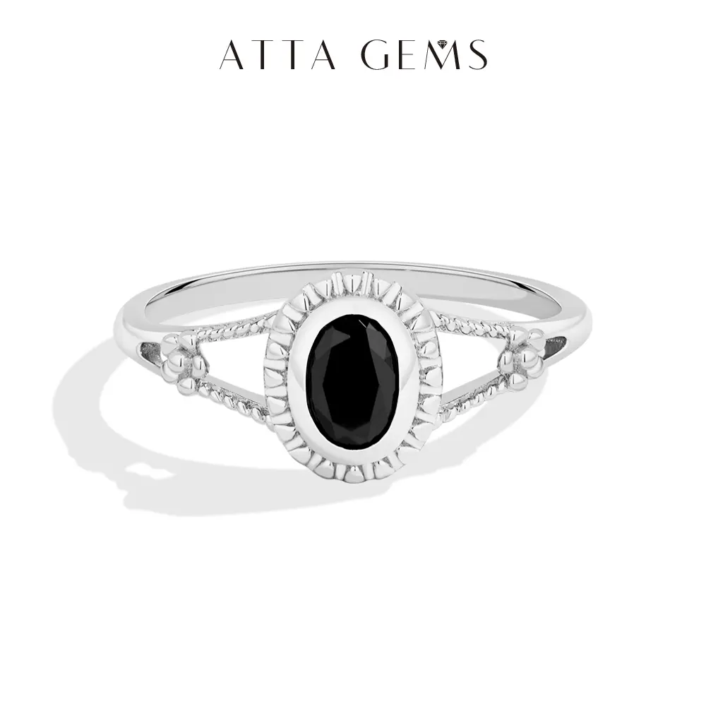ATTAGEMS 0.5CT Oval Cut Black Lab-Grown Moissanite Ring in 925 Sterling Silver, Unique Unisex Design for Adults, Daily Party Jewelry R411, R411 Model, Lab Created, Trendy Fine Jewelry