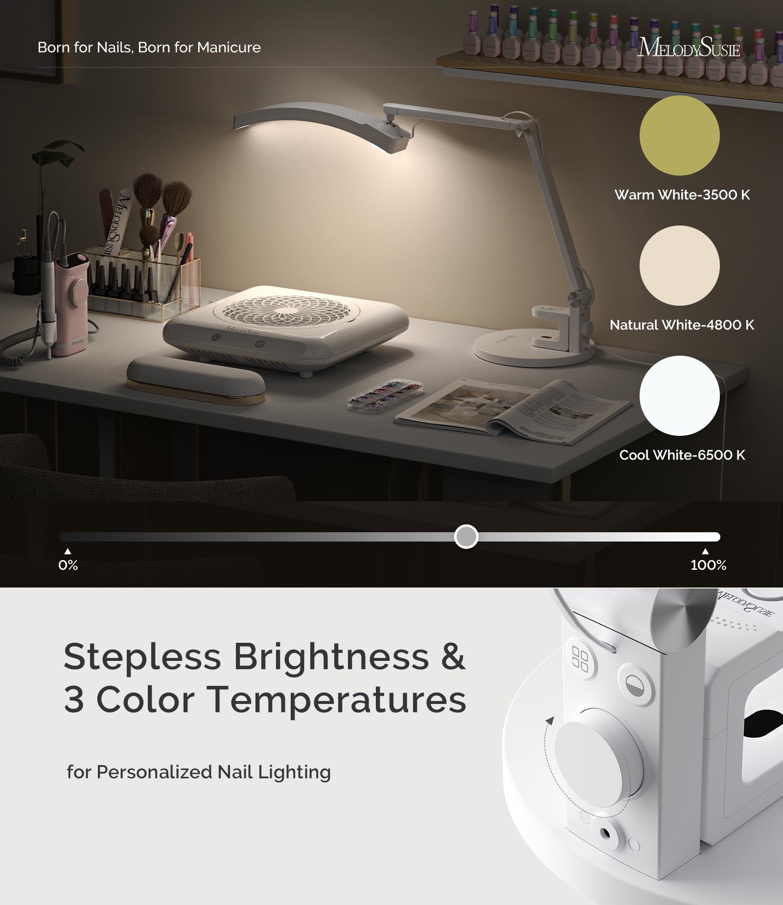 MelodySusie LED Manicure Table Lamp for Nail Techs, S-Pro29G Professional Nail Desk Light with Magnetic UV Curing Lamp, Adjustable Arm, Dimmable Brightness & 3 Color Temps for Gel Nails & Nail Art