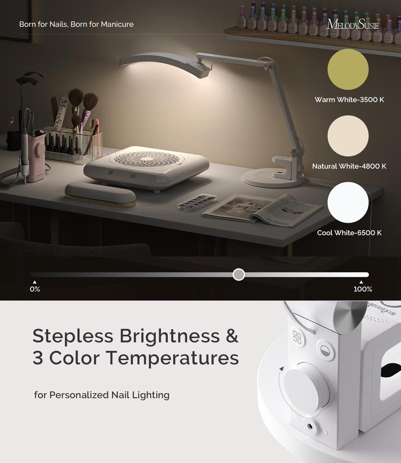 MelodySusie LED Manicure Table Lamp for Nail Techs, S-Pro29G Professional Nail Desk Light with Magnetic UV Curing Lamp, Adjustable Arm, Dimmable Brightness & 3 Color Temps for Gel Nails & Nail Art