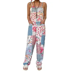 Women's Spring/Summer Break Outfits Oversized Fashionable Casual Comfortable Floral Pattern Printed Floral Plaid Botanical Floral Pattern Patchwork Design Jumpsuit Casual Vacation Holiday Travel