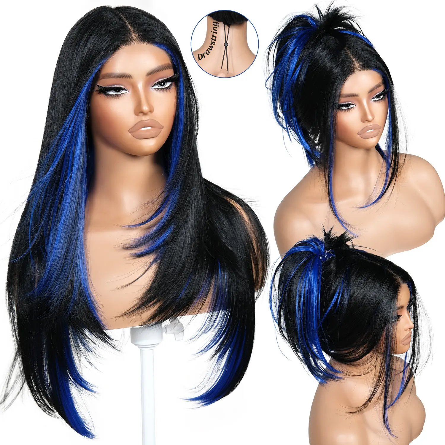 BrownBomb Drawstring Glueless Synthetic T-Lace Wig, 26-in Layered Straight with Face-Framing Bangs, Pre-Cut Lace, Pre-Plucked Perfect Middle Part, Heat-Resistant Fiber, Realistic for Daily Wear & Parties summerwins, Glueless Wigs, Synthetic Lace Front Wig