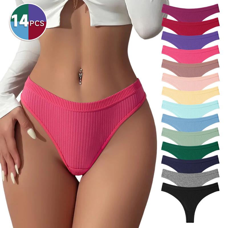 HOTCOM 14-Pack Women's Seamless Thongs Soft Breathable Cotton Fabric Underwear Mixed Color Everyday Style Panties for All-Day Comfort - Smooth