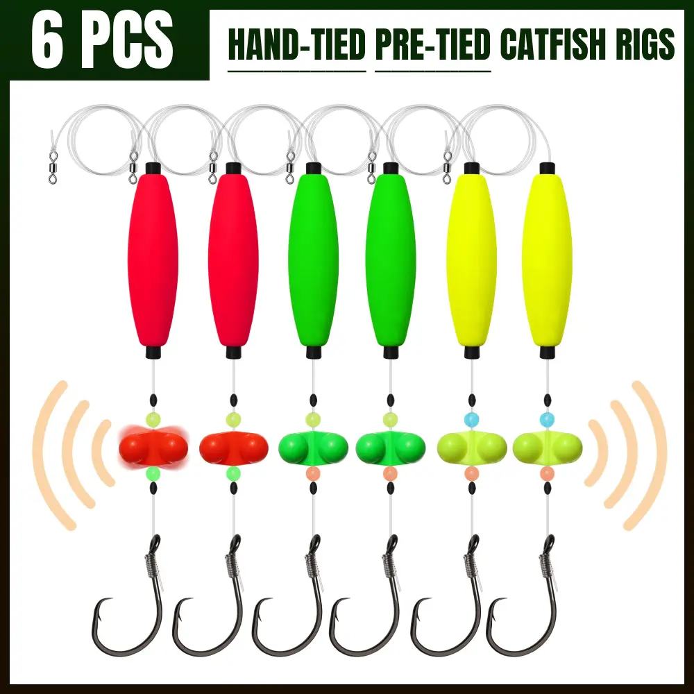 Catfish Rigs Santee Rig Catfish Float Rigs Circle Hooks  6/0 8/0 Catfishing Tackle 6pcs, Catfish Fishing Tackle Making Kit Equipment Accessories with Float, Hook, Swivel and Fishing Bell,father'sdaygifts,campingessentials,campinggear,camping essentials