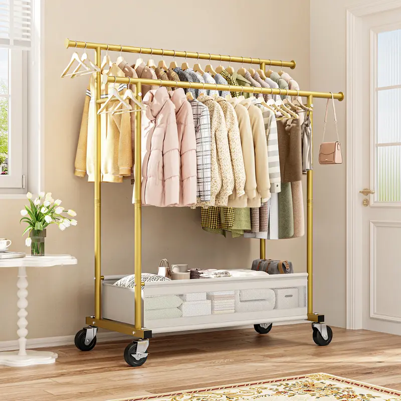 Raybee Heavy Duty Clothing Racks with Net Pocket Holds Up to 210lbs,Double Rod Metal Clothes Rack for Hanging, Rolling Garment Rack with Wheels Portable Closet Racks for Bedroom, Laundry Room,Dorm, Black, White, Gold Raybee Heavy Duty Clothing Racks with Net Pocket Holds Up to 210lbs,Double Rod Metal Clothes Rack for Hanging, Rolling Garment Rack with Wheels Portable Closet Racks for Bedroom, Laundry Room,Dorm, Black, White, Gold
