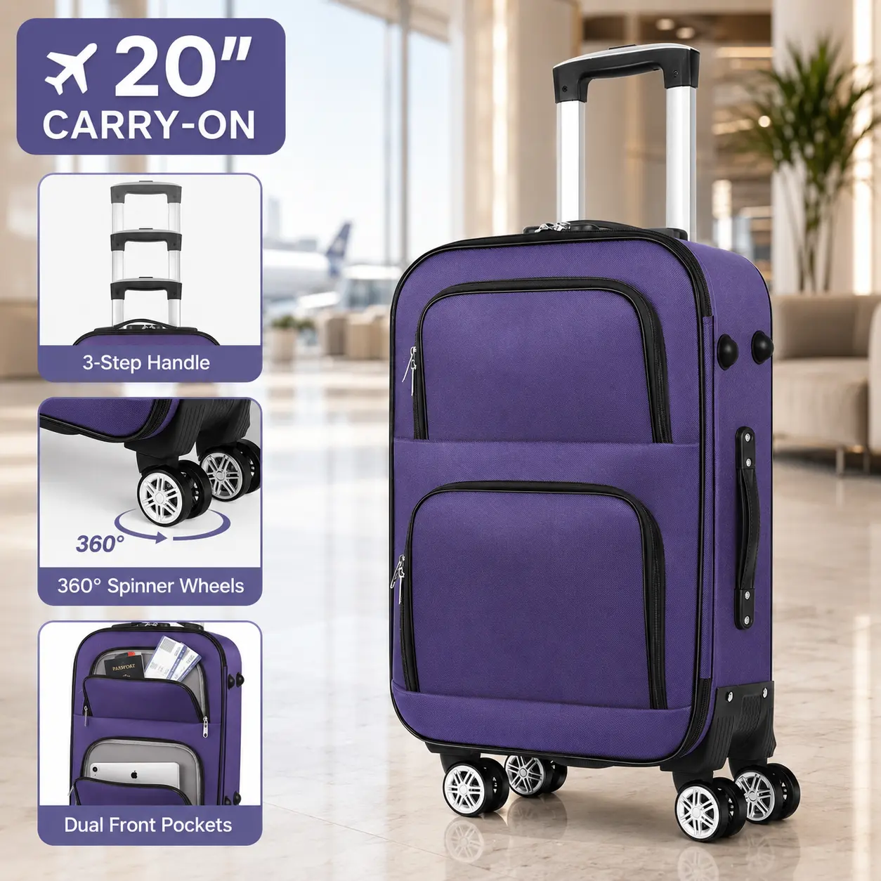 20-Inch Softside Lightweight Rolling Carry On Luggage - Expandable Compartment, 360° Spinner Wheels, 3-Step Telescoping Handle, Dual Front Zip Pockets, Purple for Business Trips, College Dorm Travel, Everyday Travel