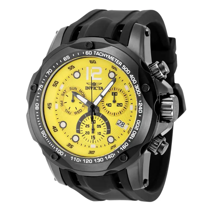 Invicta Speedway Yellow Dial Men's 51mm Swiss Chronograph Watch Black Gunmetal Case Tachymeter Bezel Day and Date Triple Subdial Black Silicone Sport Strap Racing Style Oversized Bold Statement 50m Water Resistant Push Crown Buckle, Round Face, Male Wear