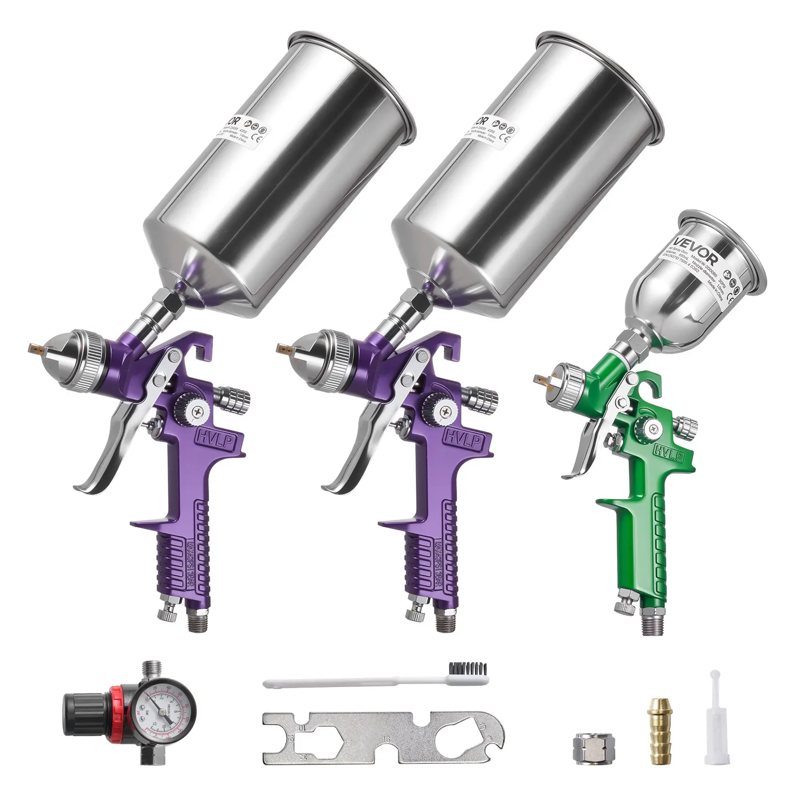 【Summerfinds】VEVOR 3-Piece Air Spray Gun Kit,Professional Auto Paint Spray Gun Set with 3 Nozzles (1/1.4/1.8mm)3 Cups & Air RegulatorGravity Feed Automotive Paint Sprayer for PrimerTopcoat & Touch-Up, Power Tool, Paint Spraying Tool