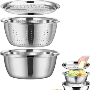 3-in-1 Stainless Steel Kitchen Strainer Set, Multifunctional Basin Sieve & Cutter for Washing Rice, Fruits & Vegetables, Fast Draining, Easy Cleaning, Durable Food Prep Tool