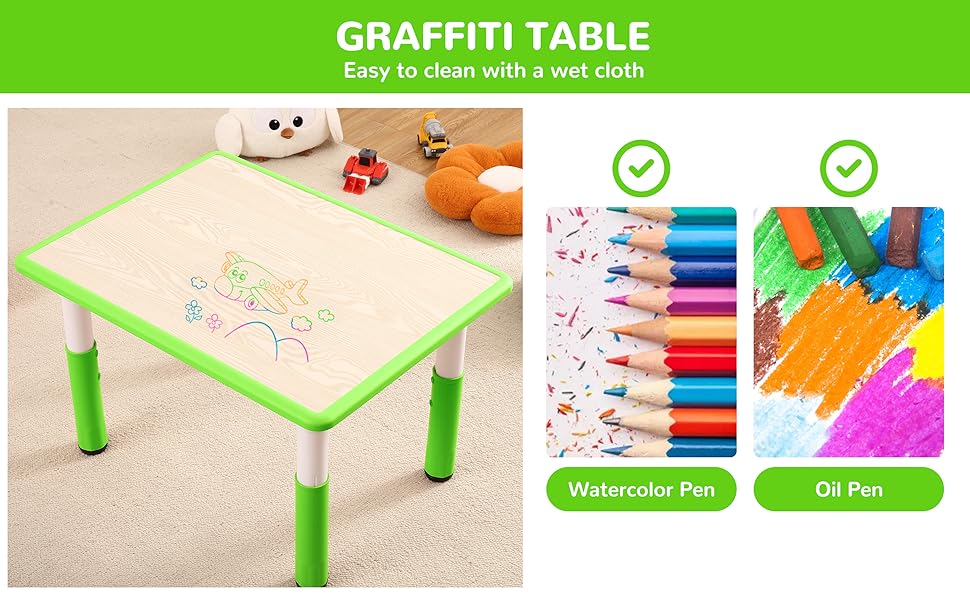 GARVEE Adjustable Table and Chairs Set for Ages 2-10, 4-Seat Desk with Graffiti Desktop, Non-Slip Design, Supports Up to 300lbs, Perfect for Classrooms, Daycares, and Home Use in Green, Light Blue, Beige, and Grey.