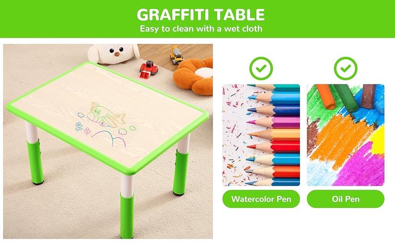 GARVEE Adjustable Table and Chairs Set for Ages 2-10, 4-Seat Desk with Graffiti Desktop, Non-Slip Design, Supports Up to 300lbs, Perfect for Classrooms, Daycares, and Home Use in Green, Light Blue, Beige, and Grey.