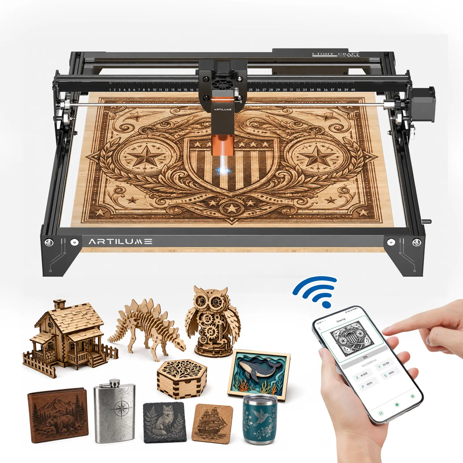 ARTILUME A4 7W/12W/22W Laser Engraver & Cutter with APP Control for Small Business, DIY Crafts & Personalized Gifts, 400×400mm Large Work Area, Engraves Wood, Leather, Acrylic & Metal, LightBurn Compatible, Diy Creators, Precision, Large Workarea, Wood/Me