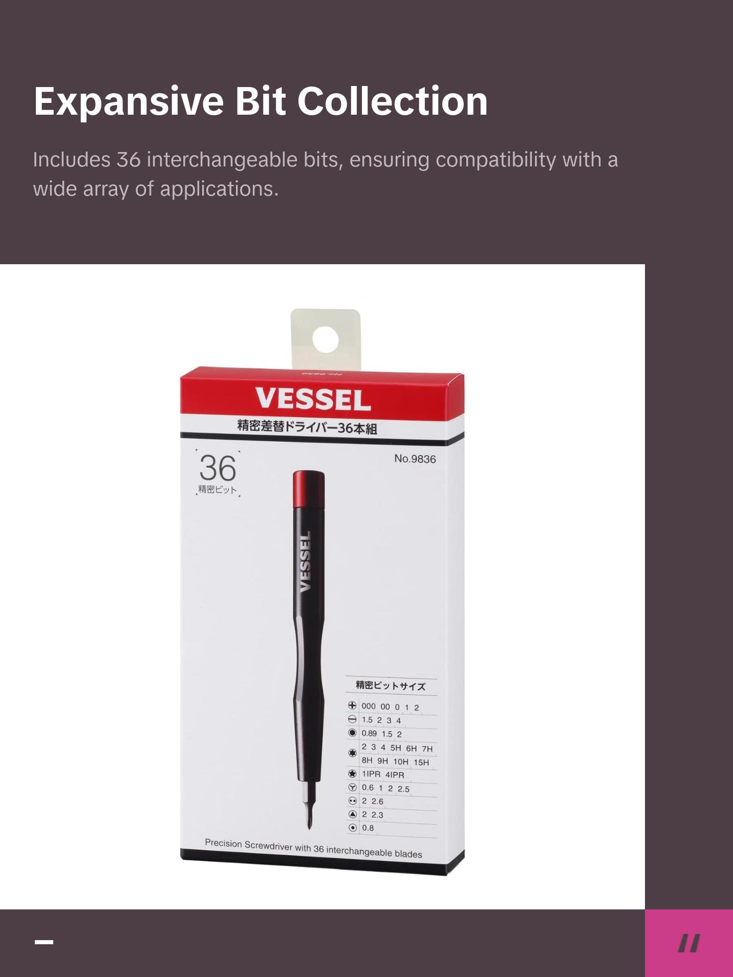 Vessel Tools 9836 Precision Screwdriver & Interchangeable Bit Set, 36 Pc.