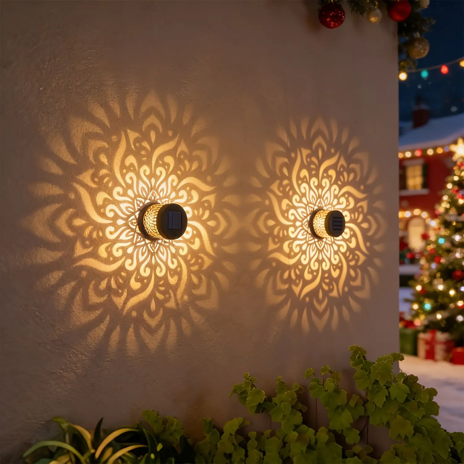 2-Pack Solar Fence Lights, Metal Outdoor Deck Step Wall Lights, Christmas Decorative Yard Lighting, Mandala Theme, IP65 Waterproof, Suitable for Garden Columns, Terrace, Backyard & Patio