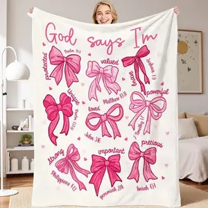 God Says I Am Bible Verse Flannel Blanket Pink Bow Christian Throw Coquette Style Inspirational Gift for Women Girls Daughter Jesus Faith Prayer Blanket for Home Sofa Bedroom Religious Decor