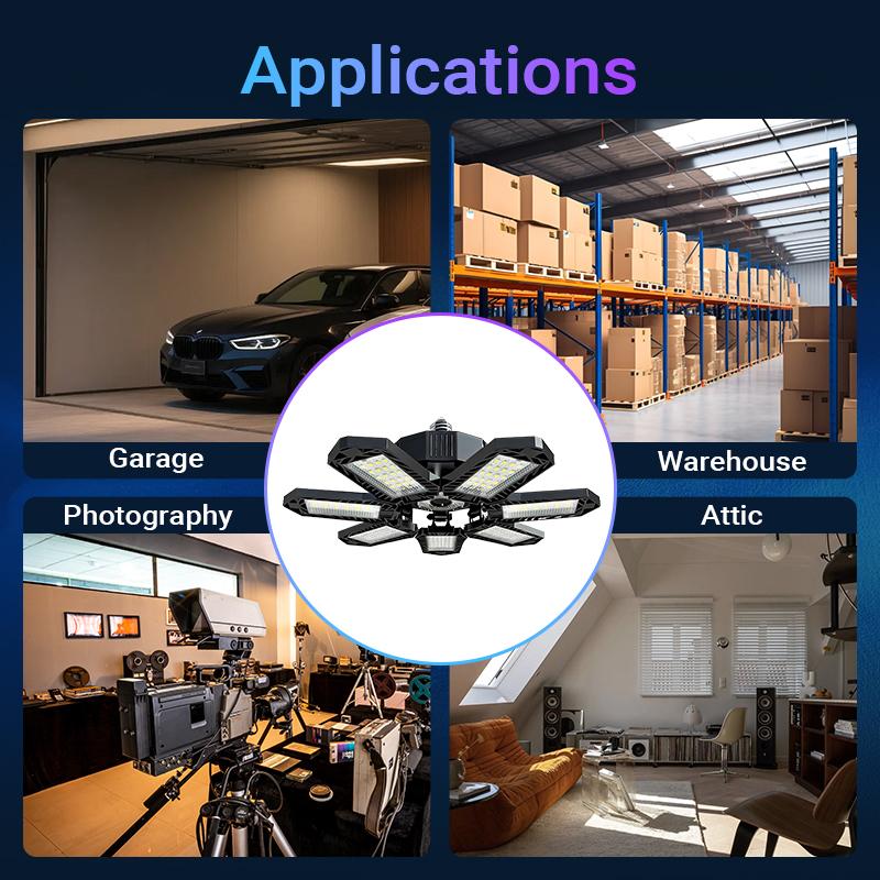 2pcs FOLDABLE GARAGE LIGHT 600W Deformable Bright Shop Ceiling Bulb Lamps E26/E27 6500k Barn Warehouse Garage Foldable 7+1 Panel Work Light Super Bright Illumination Easy Installation