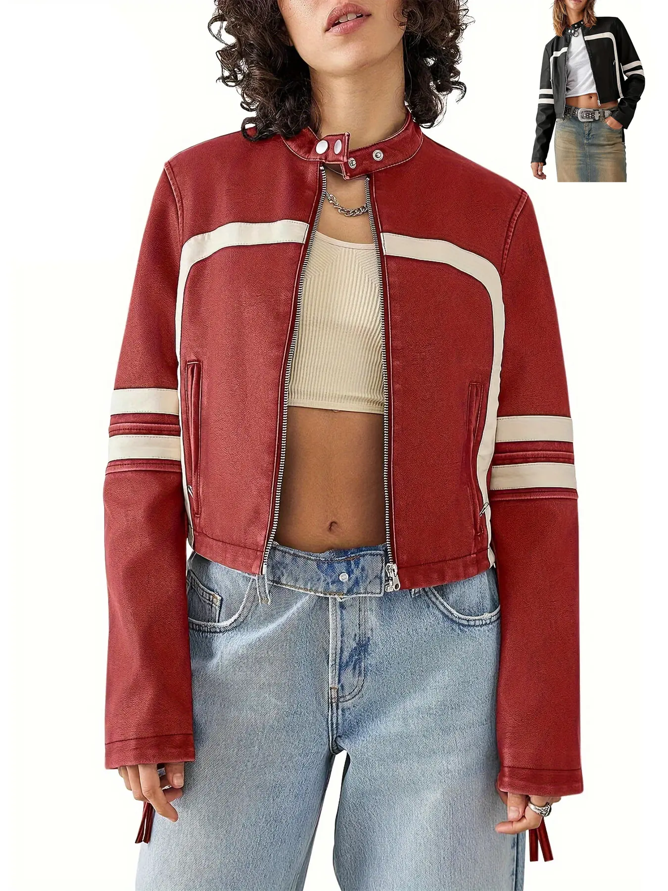 Aswulk Women's Faux Leather Jackets Zip Up Stand Collar Long Sleeves Cropped Motocross Short PU Coats