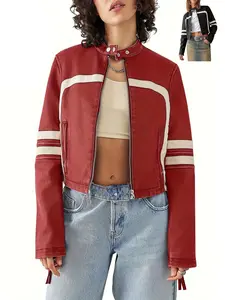 Aswulk Women's Faux Leather Jackets Zip Up Stand Collar Long Sleeves Cropped Motocross Short PU Coats