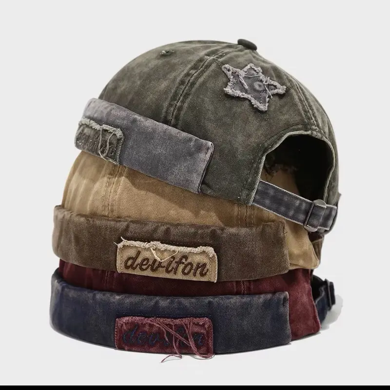 Washed Cotton Brimless Distressed Docker Cap Adjustable Street Casual Sailor Cap Skullcap Beanie Hat Landlord Hats