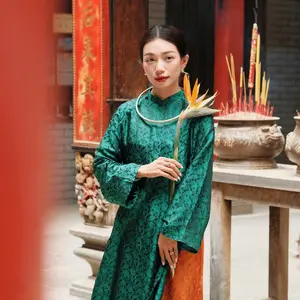 "Cong Vu" Ao Dai set - Wormsilk in Dark Jade