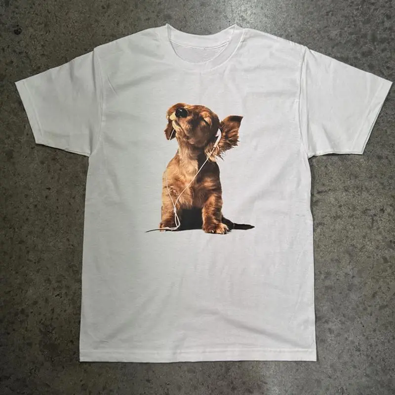 Men's/Women's Short-Sleeve Round Neck Cotton T-Shirt Top, Funny Dog With Headphones Print, Casual Sports & Outdoor Matching Set, Shortsleeve, Tshirt, Matching Sets