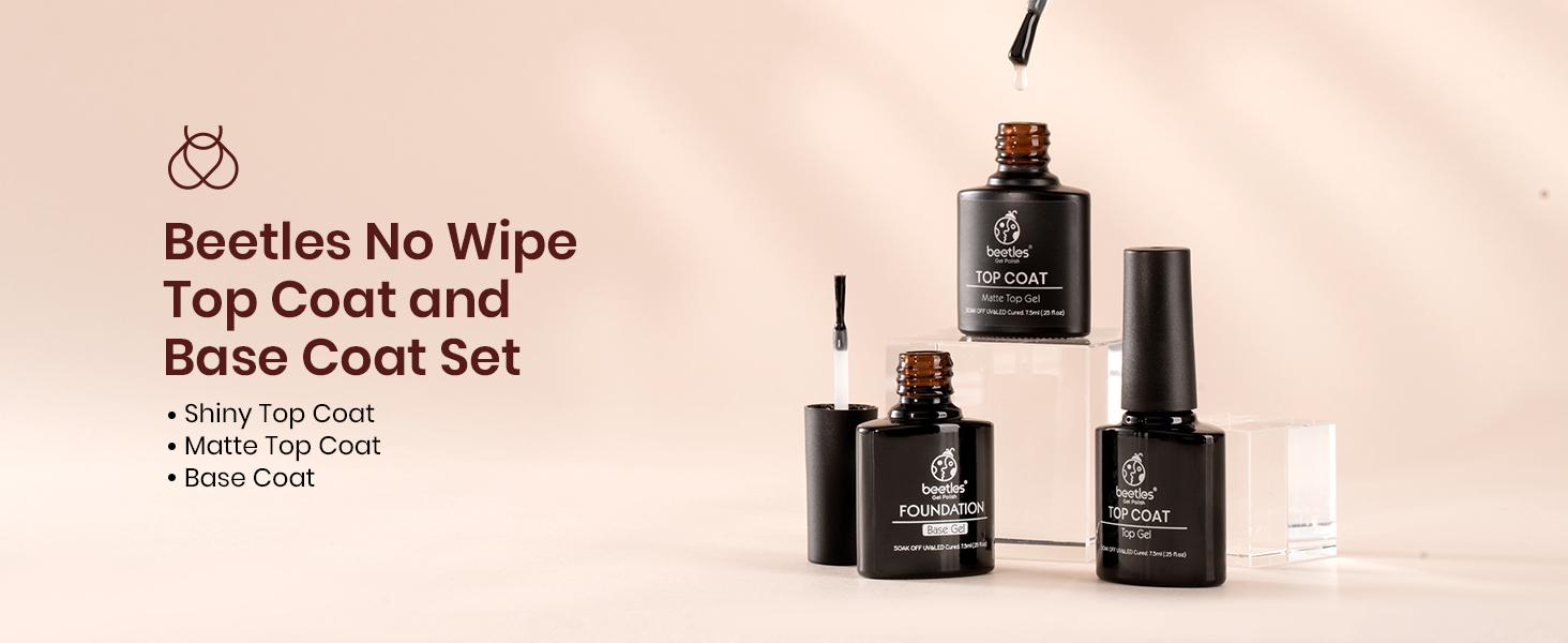 Beetles Gel Top Coat Base Coat Set for Gel Nail Polish, 3Pcs No Wipe Base Gel Matte & Shiny Top Coat, Long Lasting High Gloss and Matte Effects Soak off Uv Led Gel DIY at Home