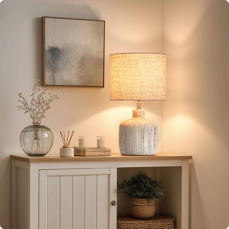EDISHINE 20.5" Textured Ceramic Table Lamp with Linen Shade - Modern Bedside & Décor Lighting