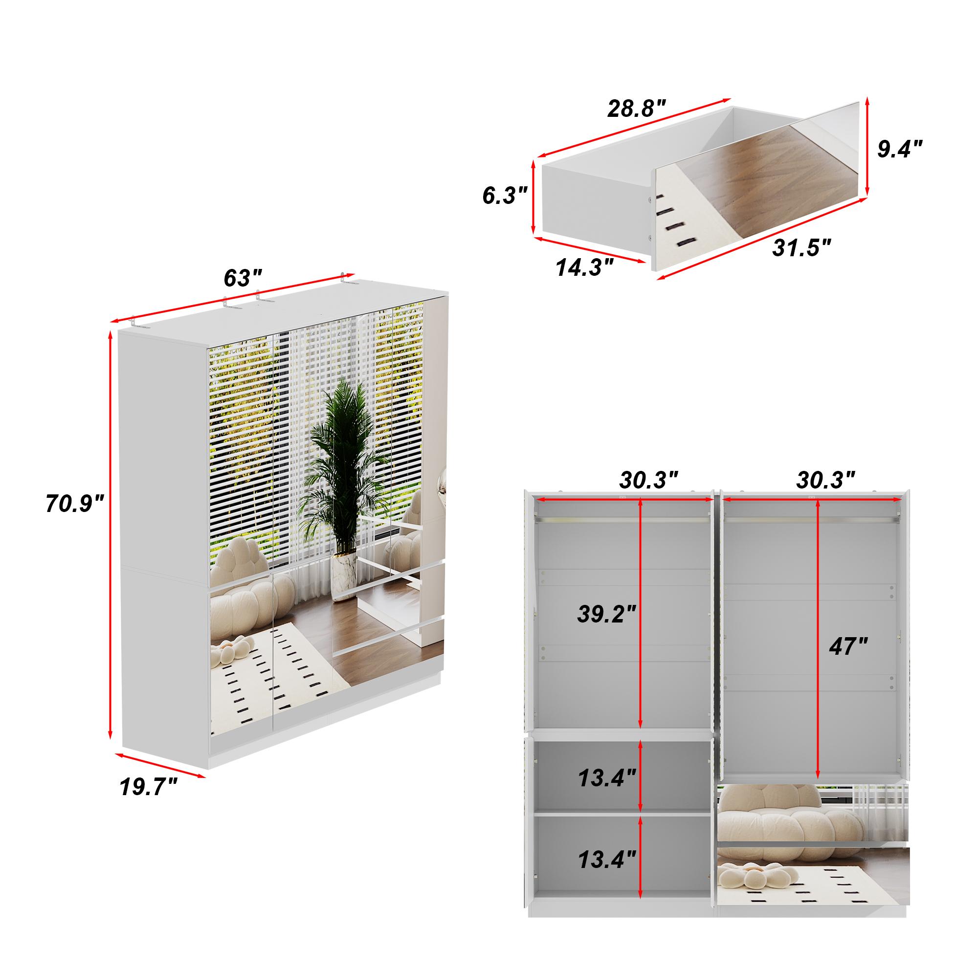 FUFU&GAGA 3 Types Mirror Wardrobe Armoire with Drawers Closet Glass Full Length Mirror Doors Drawers & Hanging Rod Clothes Storage Cabinet for Bedroom