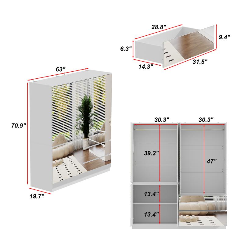 FUFU&GAGA 3 Types Mirror Wardrobe Armoire with Drawers Closet Glass Full Length Mirror Doors Drawers & Hanging Rod Clothes Storage Cabinet for Bedroom